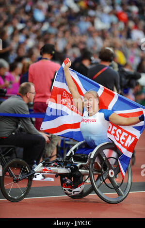 London, UK. 20th July, 2017. Hannah Cockroft (GBR) looking very happy after winning the Women's 400m T34 Final at the World Para Athletics Championships in the London Stadium, Queen Elizabeth Olympic Park. The victory marks her 10th world title and she has never lost a race at a major championships. Credit: Michael Preston/Alamy Live News Stock Photo