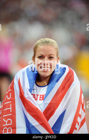 London, UK. 20th July, 2017. Hannah Cockroft (GBR) wrapped in a Union Jack flag and looking very happy after winning the Women's 400m T34 Final at the World Para Athletics Championships in the London Stadium, Queen Elizabeth Olympic Park. The victory marks her 10th world title and she has never lost a race at a major championships. Credit: Michael Preston/Alamy Live News Stock Photo