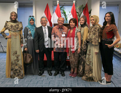 London, UK. 21st July, 2017. London Indonesian Embassy held a reception ahead of the cultural event, Indonesian Week End 2017 taking place in Potters Fields Park, His Exellency Dr Rizal Sukma Indonesian Ambassador to the UK with some of the models in the Embassy@Paul Quezada-Neiman/Alamy Live News Credit: Paul Quezada-Neiman/Alamy Live News Stock Photo