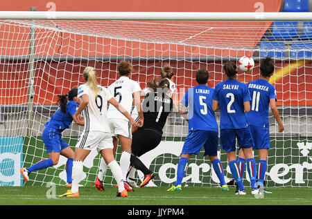 Germany's Josephine Henning (M) scores 1-0 against Italy's goalkeeper Laura Giuliani (M) during the women's European Soccer Championships group B match between Germany and Italy at the Koning Willem II Stadium in Tilburg, the Netherlands, 21 July 2017. Photo: Carmen Jaspersen/dpa Stock Photo