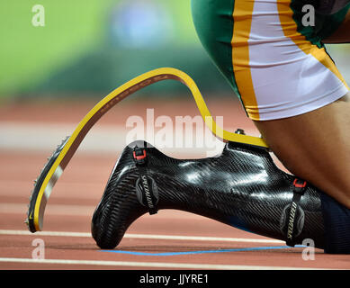 LONDON ENGLAND - July 21, 2017: The runner's blades - Mpumelelo Mhlongo (RSA) in Men's 200M T44 (R1, H1/2) during World Para Athletics Championships London 2017 at London Stadium on Friday. Photo : Taka G Wu Stock Photo