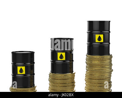 oil price rising concept with 3d rendering  crude oil barrels with gold coins Stock Photo
