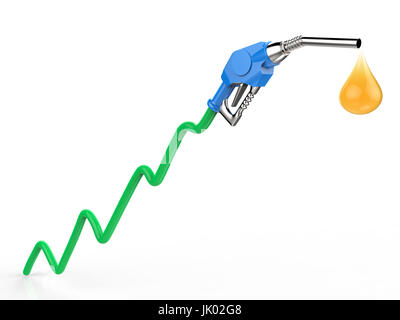 rising oil price with 3d rendering green graph, gas nozzle and droplet of oil Stock Photo