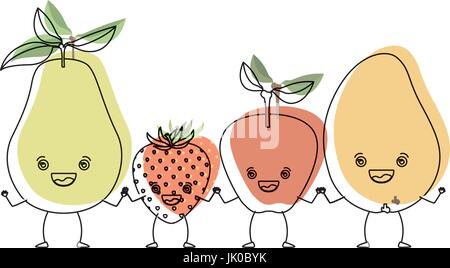 white background with watercolor silhouette set fruits pear strawberry and mango in caricature Stock Vector