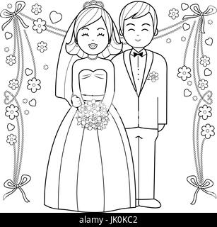 Bride and groom. Black and white coloring book page. Stock Vector
