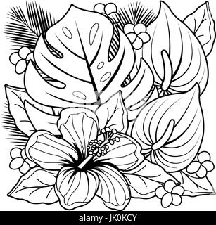 Tropical plants and hibiscus flowers. Black and white coloring book page. Stock Vector