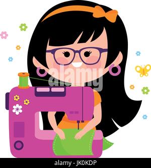 Cute woman seamstress using her sewing machine. Vector illustration Stock Vector