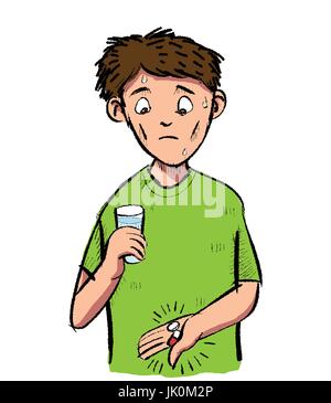 Colorful Cartoon man scared of a pill and capsule on white background - Vector clipart illustration Stock Vector