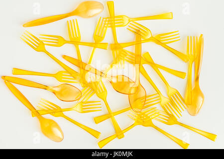 top view of set of spoons and forks isolated on white Stock Photo