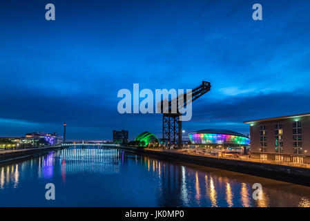 The Clyde Auditorium, Hydro Arena and Finnieston crane on the banks of the river Clyde as seen from the Clyde Arc Bridge. Stock Photo