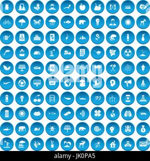100 eco care icons set blue Stock Vector