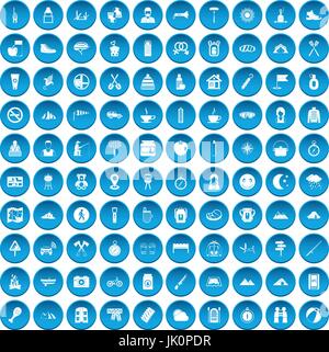 100 family camping icons set blue Stock Vector