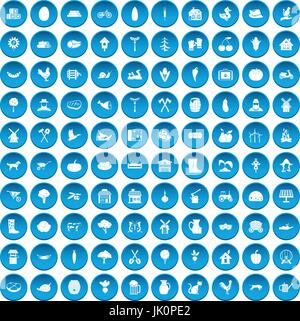 100 farm icons set blue Stock Vector