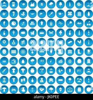 100 farming icons set blue Stock Vector
