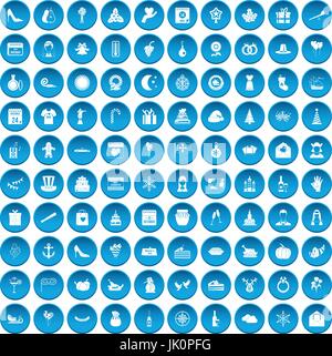 100 festive day icons set blue Stock Vector