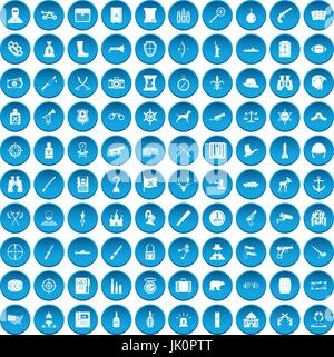100 guns icons set blue Stock Vector