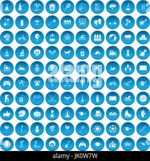 100 kids activity icons set blue Stock Vector