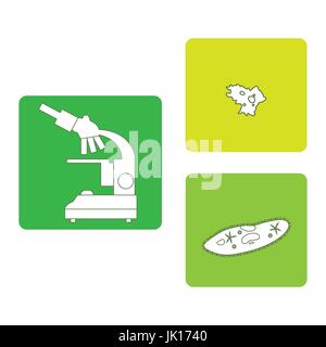 Stylized icons of microscope, amoeba, ciliate-slipper. Magnifying device sign. Laboratory equipment symbol. Stock Vector