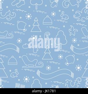 Seamless pattern with variety winter elements:  sleigh, tree, scarf, hat, mittens, socks and other. Design for banner, flyer, poster or print. Stock Vector