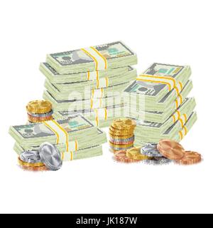 Hundreds Dollars Vector Packing In Bundles Of Bank Notes, Bills, Gold Coins. Cartoon Money Stacks Illustration. White Background Stock Vector
