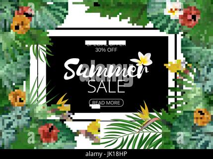 Sale banner, poster with exotic leaves, jungle leaf. Vector floral tropical summer background. Horizontal format. Stock Vector