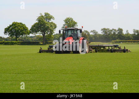 tractor cutting field of turf for gardens ellerton yorkshire united kingdom Stock Photo