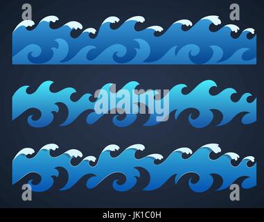 stylized cartoon ocean waves, hand drawn endless border, isolated vector illustration Stock Vector