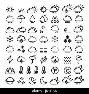 Weather line icons set - big pack of 70 weather forecast graphic elements, sun, cloud, rain, snow, wind, rainbow Stock Vector