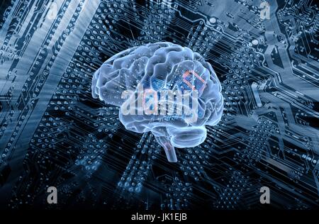Human brain against computer circuit-board,artificial intelligence. Stock Photo