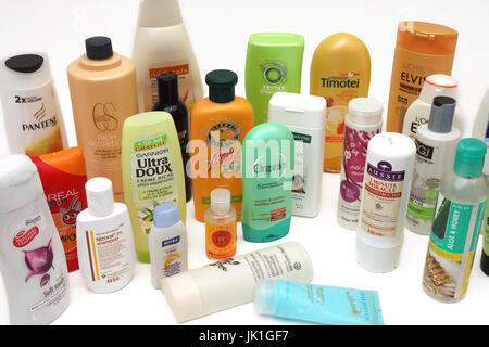 A Collection of Shampoo, Conditioners, Shower Gels and Bubble Bath Stock Photo