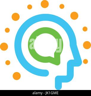 Information technology abstract vector logo. Head of human in lineart style with dialog round box symbolizing chat or forum or information support Stock Vector