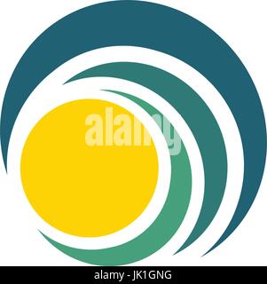 Blue wave and yellow sun, sunset and sunrise logotype. Isolated abstract decorative logo, design element template on white background Stock Vector