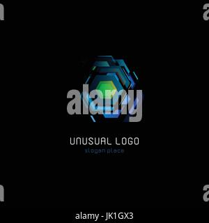 Futuristic reactor abstract colorful vector logo template. Innovative technologies digital design effect logotype on black background Stock Vector