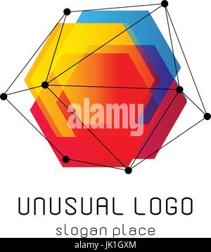 Bright colorful abstract poly construction logotype, unusual innovate design logo template, isolated polygon shape, spiderweb from black lines with dots on corners, illustration on white background Stock Vector