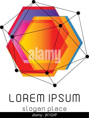 Bright colorful abstract poly construction logotype, unusual innovate design logo template, isolated polygon shape, spiderweb from black lines with dots on corners, illustration on white background Stock Vector