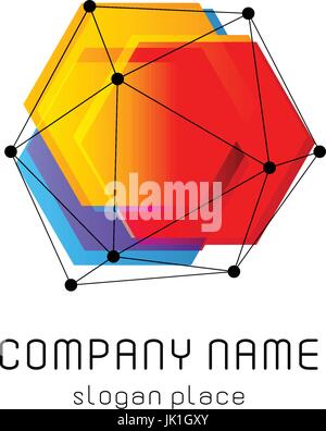 Bright colorful abstract poly construction logotype, unusual innovate design logo template, isolated polygon shape, spiderweb from black lines with dots on corners, illustration on white background Stock Vector