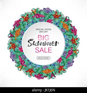 Summer sale round frame of sea shells and starfishes in seaweed. Vector illustration. Hand draw lettering Stock Vector