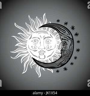 An etched-style cartoon illustration of a sun, moon, and star with human faces. Outlines are solid black with a transparent background for easy re-col Stock Vector