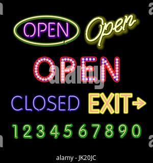 Open Neon Sign closed exit figures vector art Stock Vector