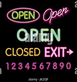Open Neon Sign closed exit figures vector art Stock Vector