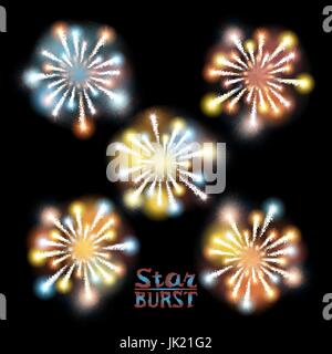 Festive patterned firework  bursting  in various shapes sparkling pictograms set  against black background abstract vector isolated illustration art Stock Vector