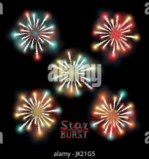 Festive patterned firework  bursting  in various shapes sparkling pictograms set  against black background abstract vector isolated illustration art Stock Vector