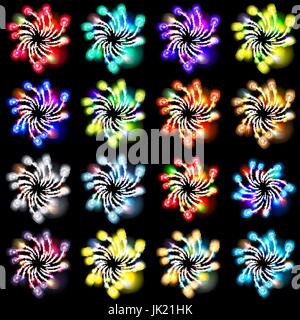 Festive patterned firework  bursting  in various shapes sparkling pictograms set  against black background abstract vector isolated illustration art Stock Vector