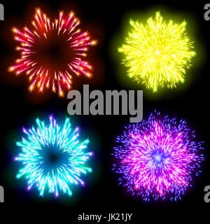 Festive patterned firework  bursting  in various shapes sparkling pictograms set  against black background abstract vector isolated illustration art Stock Vector