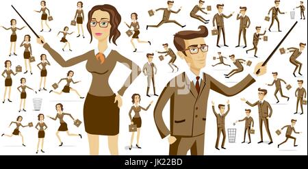 Set of working men and women sitting in their office chairs. They work with their laptop or talking on the phone. They work as graphic designers, secr Stock Vector