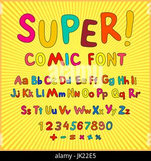 Creative comic font. Alphabet in style of comics, pop art. Multilayer funny red & chocolate  3d letters and figures on a yellow circular striped backg Stock Vector