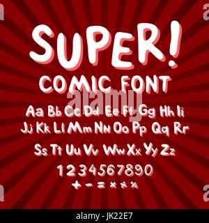 Creative comic font. Alphabet in style of comics, pop art. Multilayer funny red & chocolate  3d letters and figures on a yellow circular striped backg Stock Vector