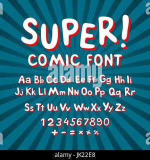 Creative comic font. Alphabet in style of comics, pop art. Multilayer funny red & chocolate  3d letters and figures on a yellow circular striped backg Stock Vector
