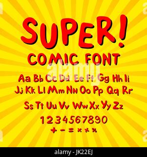 Creative comic font. Alphabet in style of comics, pop art. Multilayer funny red & chocolate  3d letters and figures on a yellow circular striped backg Stock Vector