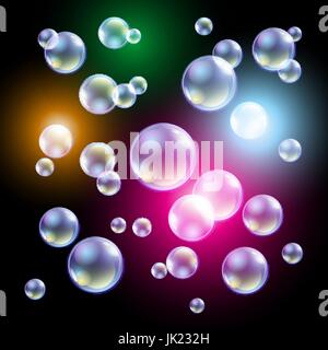 colored soap bubbles on a black background Vector illustration art Stock Vector